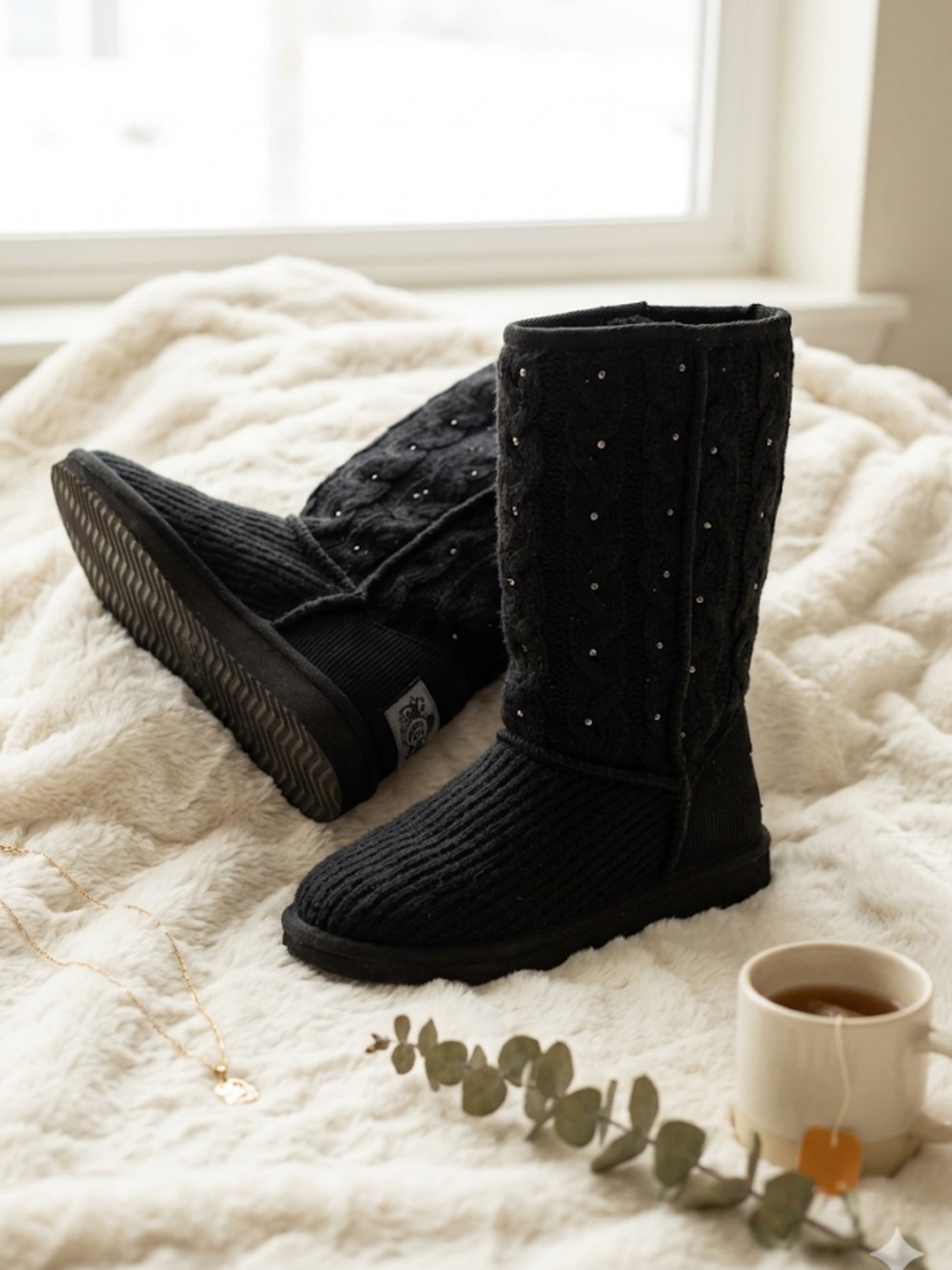 38 Juicy Couture Black Knit Sparkle Boots | Girls Size 4 | Y2K Cozy Glam Vibe